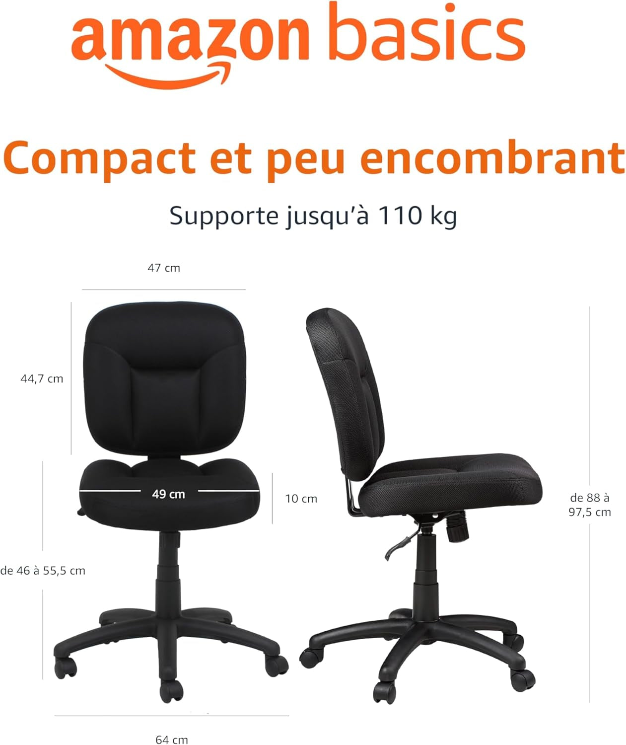 Chaise De Bureau Avec Dossier Rembourré, Respectueux Du Dos, Hauteur Réglable, Montage Facile, 65 D X 61 W X 87.5-98 H Cm, Noir