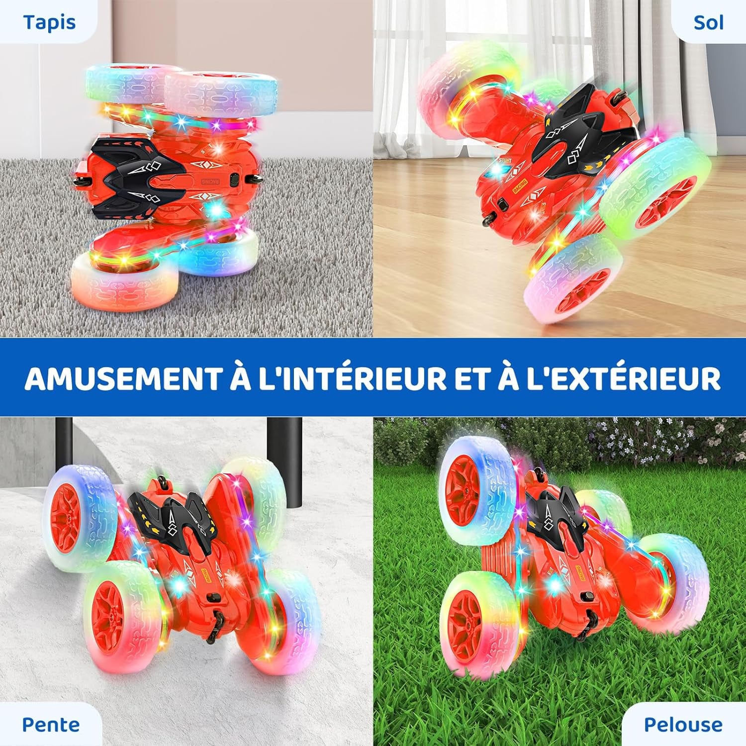 Voiture Télécommandée, Voiture Cascadeuse Avec Bande Lumineuse Latérale Et Phares, 2.4Ghz, Rotations À 360°, Voiture RC Rechargeable Jouet Pour Garçons Filles Cadeau D'Anniversaire, Rouge