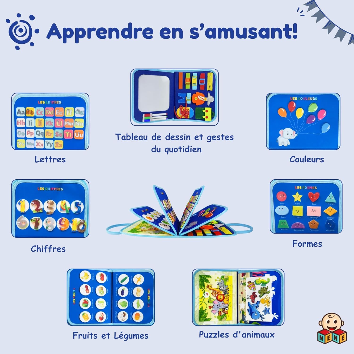 Nene Busy Board Montessori – Jouet Éducatif 2 À 6 Ans Garçon Fille – Planche D’Activités Sensorielle Sans Écran – Lettres, Chiffres, Formes, Couleurs – Motricité Fine – Idée Cadeau Enfant