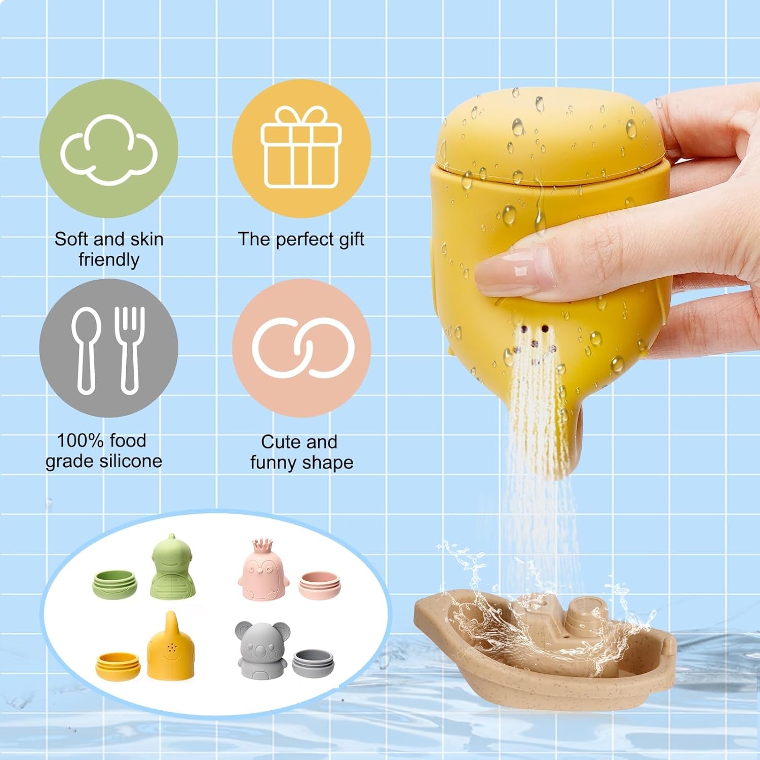 Jouets De Bain Pour Bebe, 15 Pièces Jouet Bain Bébé À Presser Sensoriels Avec Bateaux Empilables Et Cuillère, Silicone Souple Jouet Bain Enfant Jeux Educatif 6 9 12 Mois 1 2 3 Ans