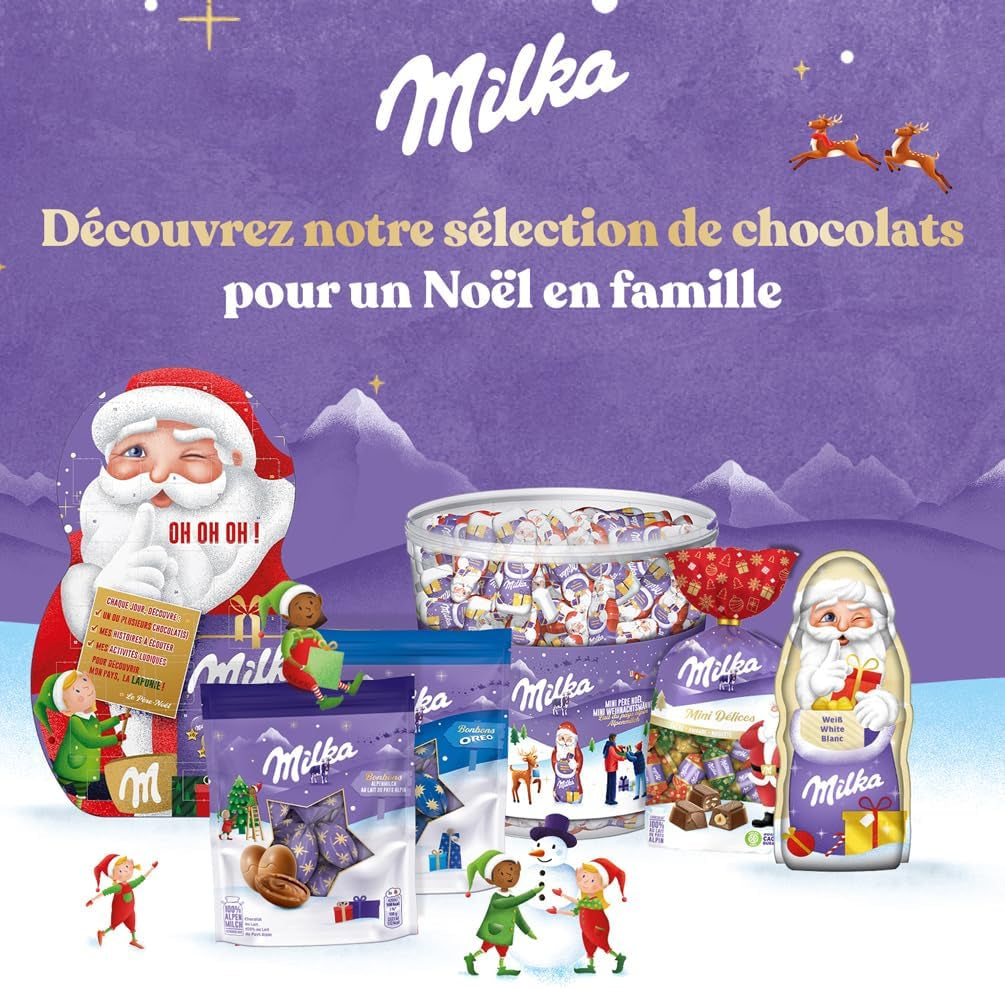 - 1 Calendrier De L'Avent Père Noël  - Assortiment De Chocolat Au Lait Du Pays Alpin, Chocolat Blanc Et Chocolat Au Lait Fourré - 1 Calendrier De 26 Chocolats Soit 213 G