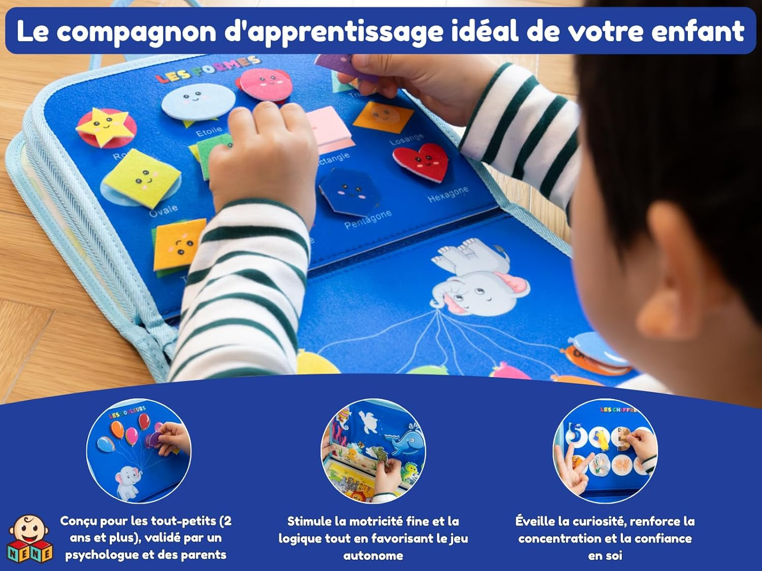 Nene Busy Board Montessori – Jouet Éducatif 2 À 6 Ans Garçon Fille – Planche D’Activités Sensorielle Sans Écran – Lettres, Chiffres, Formes, Couleurs – Motricité Fine – Idée Cadeau Enfant