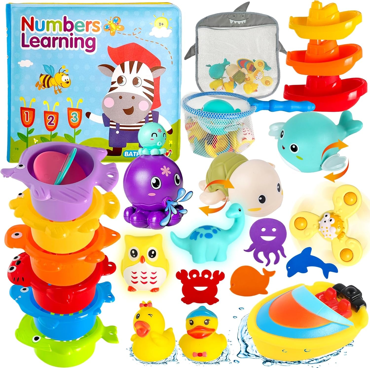 Set De Jouet De Bain Bébé, Jeux De Bain Pour Bebe Enfant, 25Pcs Jouets De Bain, Sac De Rangement Inclus, Jouet D'Éveil, Jouets Éducatifs, Coffret Cadeau Pour Bébés De plus De 6 Mois