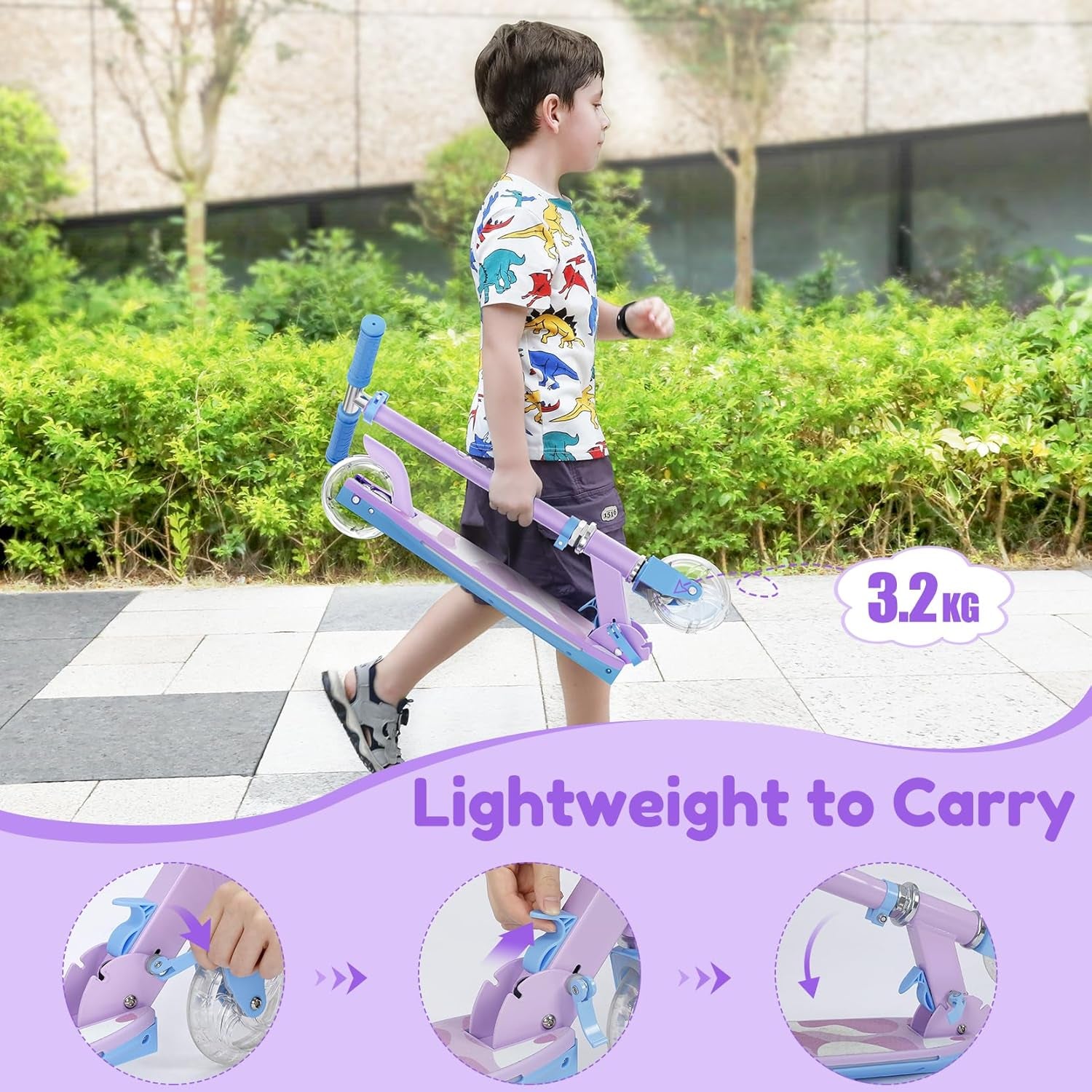 Trottinette Enfants 6 Ans, Trotinette Enfants Avec Poteau D'Éclairage Cool, Roues Et Pont, Trottinette À Hauteur Réglable Sur 4 Niveaux, Trottinette Légère Et Pliable De 5 À 12 Ans