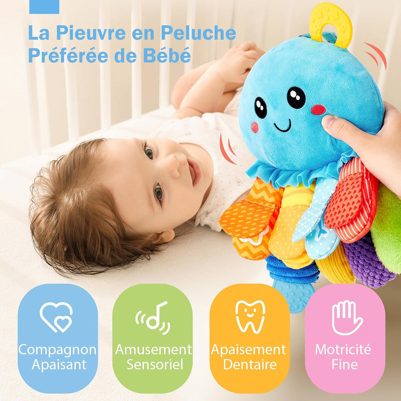 Jouet Bebe 0-3 6 Mois, Pieuvre Jouet Sensoriel Bebe Avec Anneau Dentition Bebe, Miroir, Pouet Couineur, Tummy Time Jeux D Eveil Bebe 0-6 Mois, Cadeau Naissance Fille Garcon