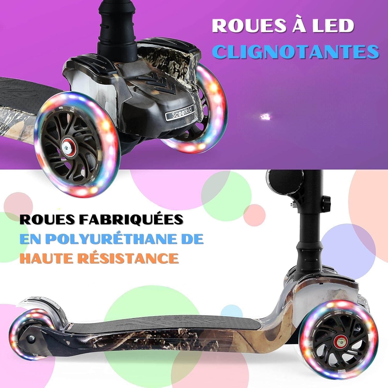 Trottinette Enfant, Trottinette 3 Roues, Patinette Enfant Pliable Avec Hauteur Ajustable, Plateau Antidérapant, LED Roues Lumineuses, Scooter Pour Fille/Garçon De 2 À 8 Ans
