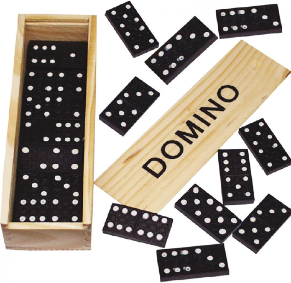 : Jeu Traditionnel De Domino - 28 Pièces plus Boîte En Bois Et Couvercle Coulissant Enfant Et Adultes Couleur Noir)