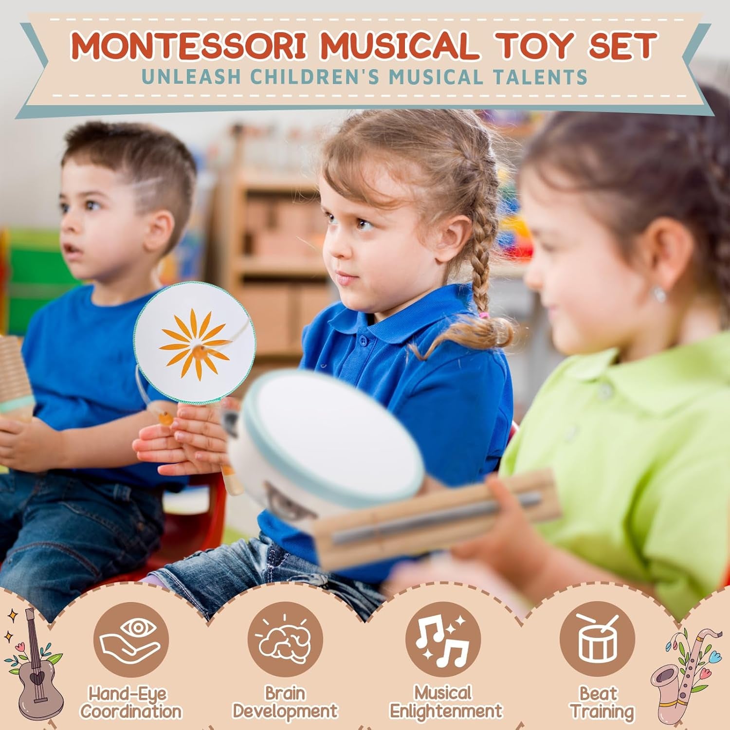 Instruments De Musique Pour Bébés – Jouets Musicaux Montessori Pour Enfants, Ensemble D'Instruments À Percussion En Bois, Jouets Musicaux Aux Couleurs Neutres, Cadeaux Pour Les Tout-Petits (8 in 1)