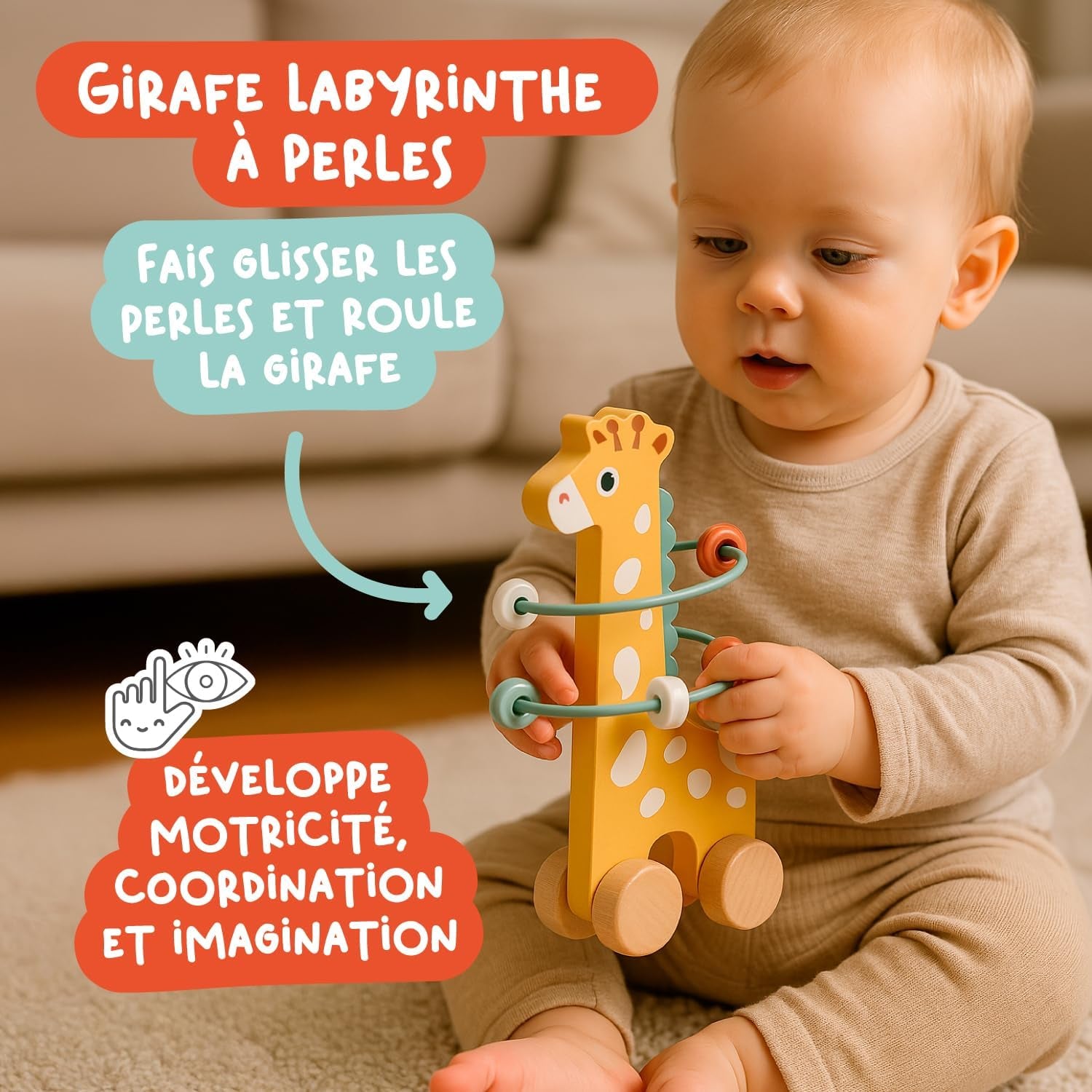 Jouet Bébé 1 an – Jouet Montessori En Bois 4-En-1 Avec Blocs Sensoriels, Pluie Musicale, Labyrinthe Girafe & Anneaux À Empiler – Jeu Sensoriel Cadeau Éducatif Pour Fille & Garçon 12 Mois+