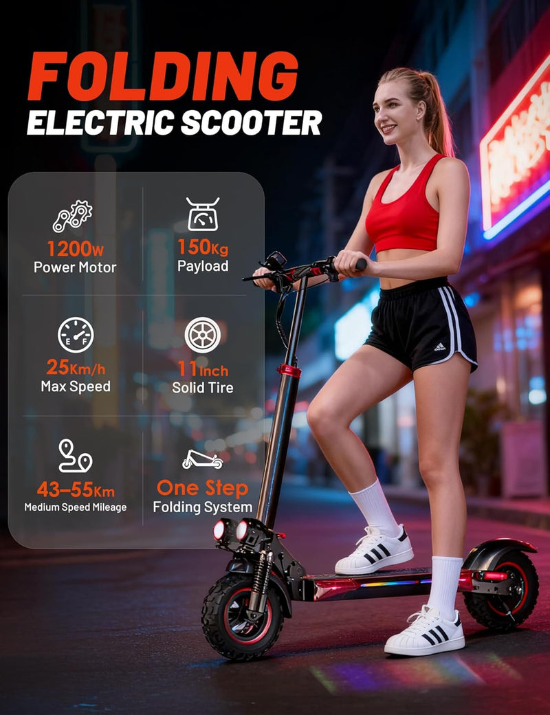 J11 Max Trottinette Électrique Adulte, 1200W Moteur & Batterie 48V 18Ah Jusqu’À 55 Km D’Autonomie, 11