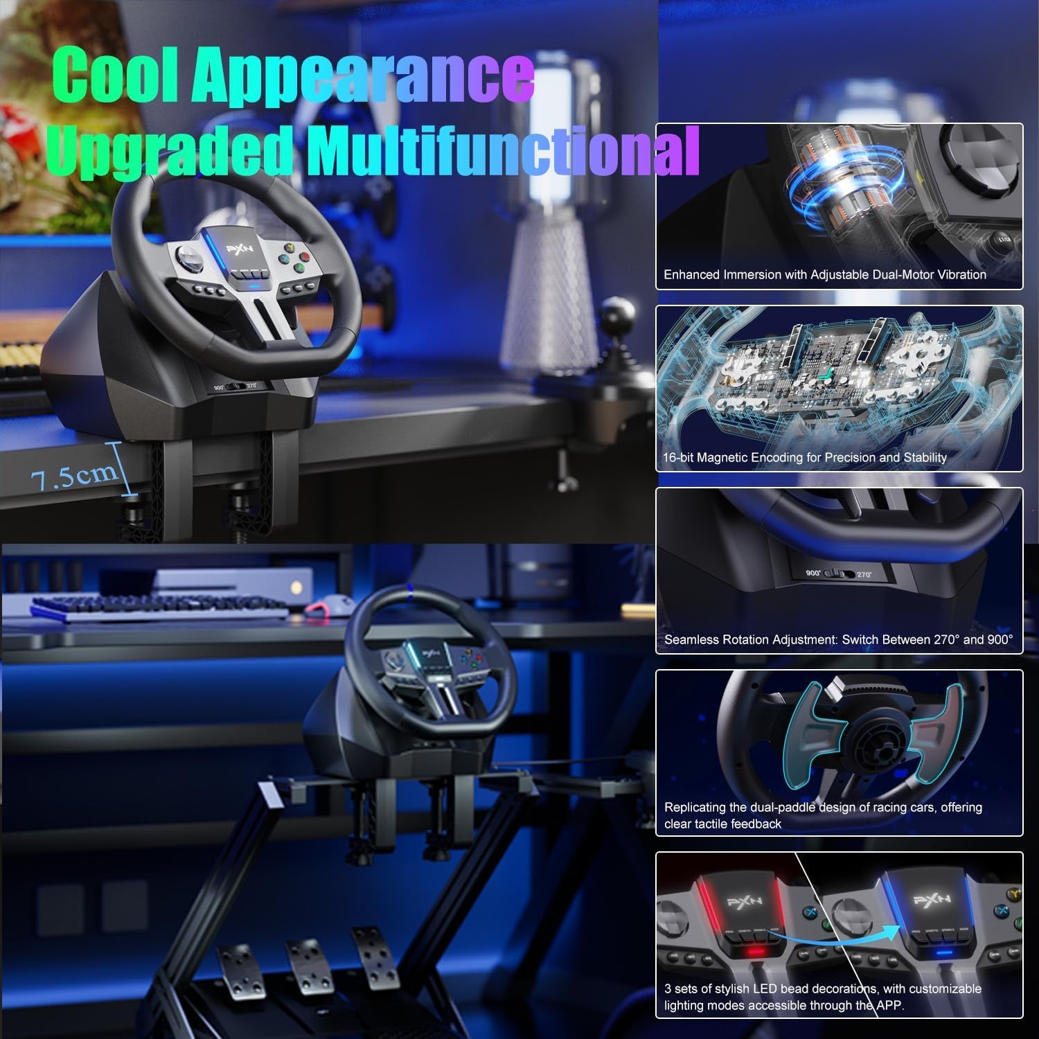 V9 Gen2 Volant De Course - 270° & 900°, Levier De Vitesse En H, Pédales À Effet Hall, Palettes De Changement De Vitesses, Application Outils, Retour De Vibration – Volant Pour PC, Xbox Et PS4