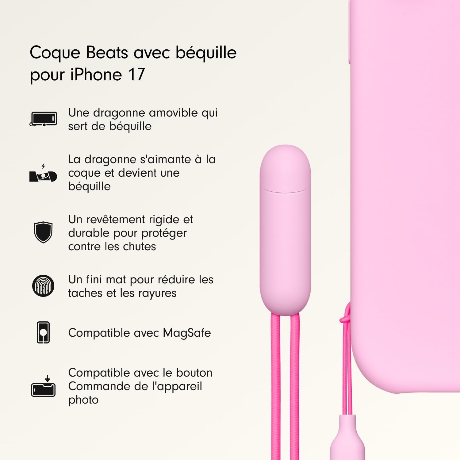 Coque Avec Béquille Pour Iphone 17 Équipée Magsafe Avec Commande De L'Appareil Photo, Support Intégré Et Dragonne, Fini Mat Et Doublure En Tissu Microfibre - Rose Quartz