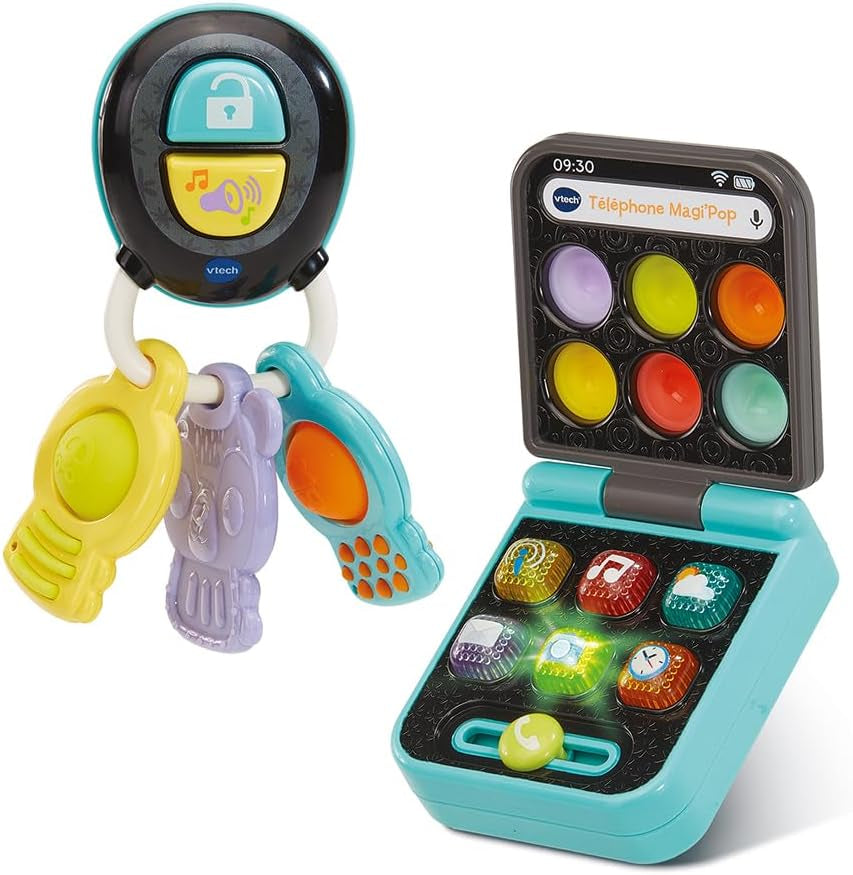 - Téléphone Et Clés Magi'Pop, Coffret Bébé Duo, Téléphone Flip Jouet Interactif Et Hochet Clefs Avec Bip Voiture Et Jouet De Dentition Ourson, Cadeau Bébé Dès 6 Mois - Contenu En Français