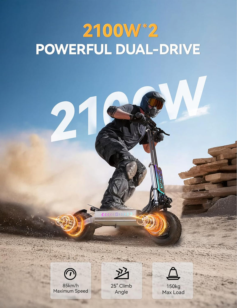 T90 Trottinette Électrique Tout Terrain Adulte Avec Doubles Moteur (6000W Peak), Pneus 13
