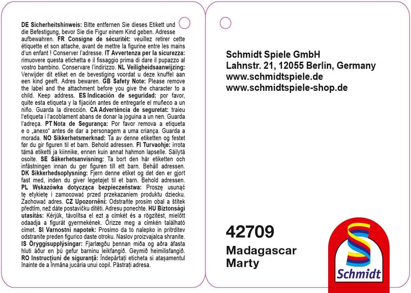 Schmidt Spiele Dreamworks Madagascar 42709 Marty Peluche Zèbre Petit Modèle Multicolore 18 Cm