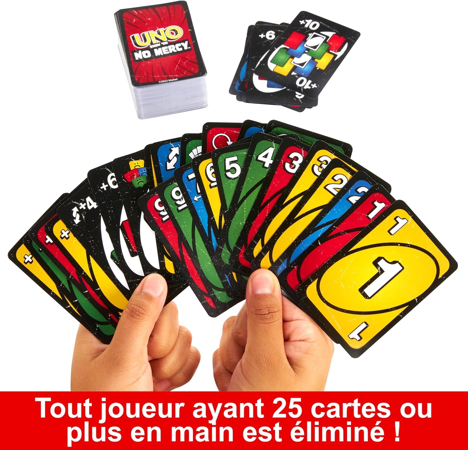 Uno No Mercy Jeu De Cartes Familial Avec 56 Cartes Supplémentaires, Règles Spéciales, Cartes Action Redoutables, Pénalités plus Sévères, Jouet Enfant, Dès 7 Ans, HWV18