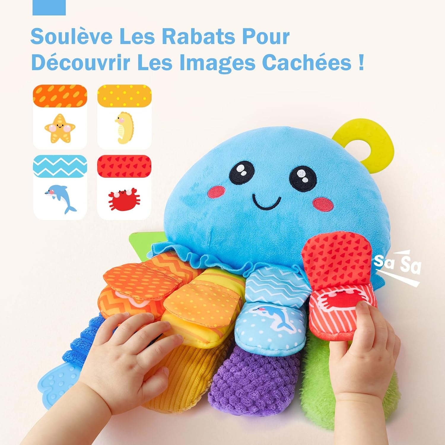 Jouet Bebe 0-3 6 Mois, Pieuvre Jouet Sensoriel Bebe Avec Anneau Dentition Bebe, Miroir, Pouet Couineur, Tummy Time Jeux D Eveil Bebe 0-6 Mois, Cadeau Naissance Fille Garcon