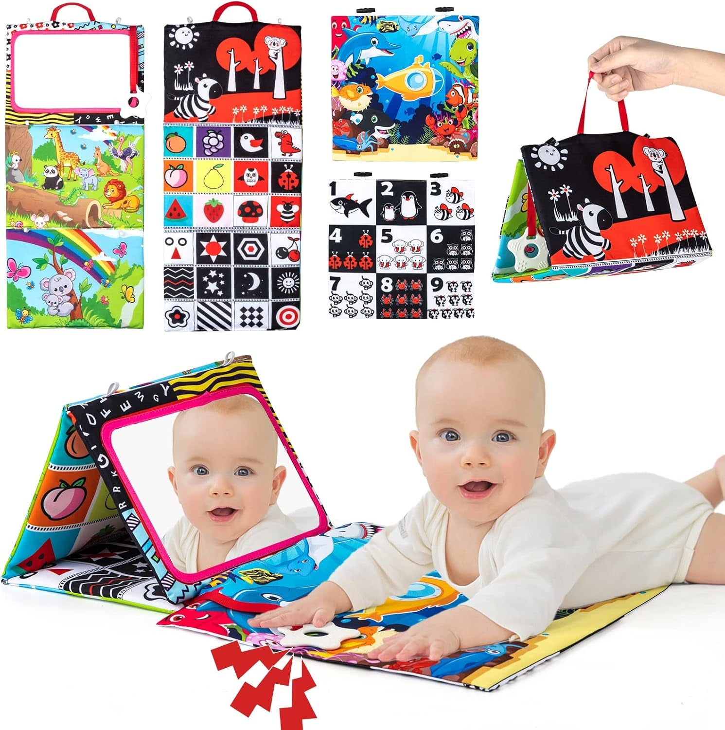 Auney Jouet Bebe 0 À 3 À 6 À 9 Mois, Miroir Jouets Sensoriels À Contraste Élevé Pour Bébés Avec Livre En Tissu Froissé Et Anneau, Jeux Montessori Bebe 0-6 Mois À 1 an À 18 Mois