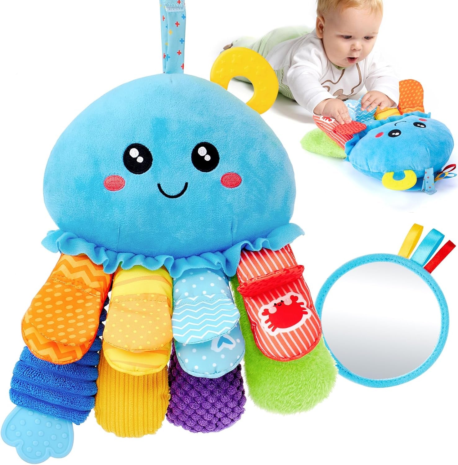 Jouet Bebe 0-3 6 Mois, Pieuvre Jouet Sensoriel Bebe Avec Anneau Dentition Bebe, Miroir, Pouet Couineur, Tummy Time Jeux D Eveil Bebe 0-6 Mois, Cadeau Naissance Fille Garcon