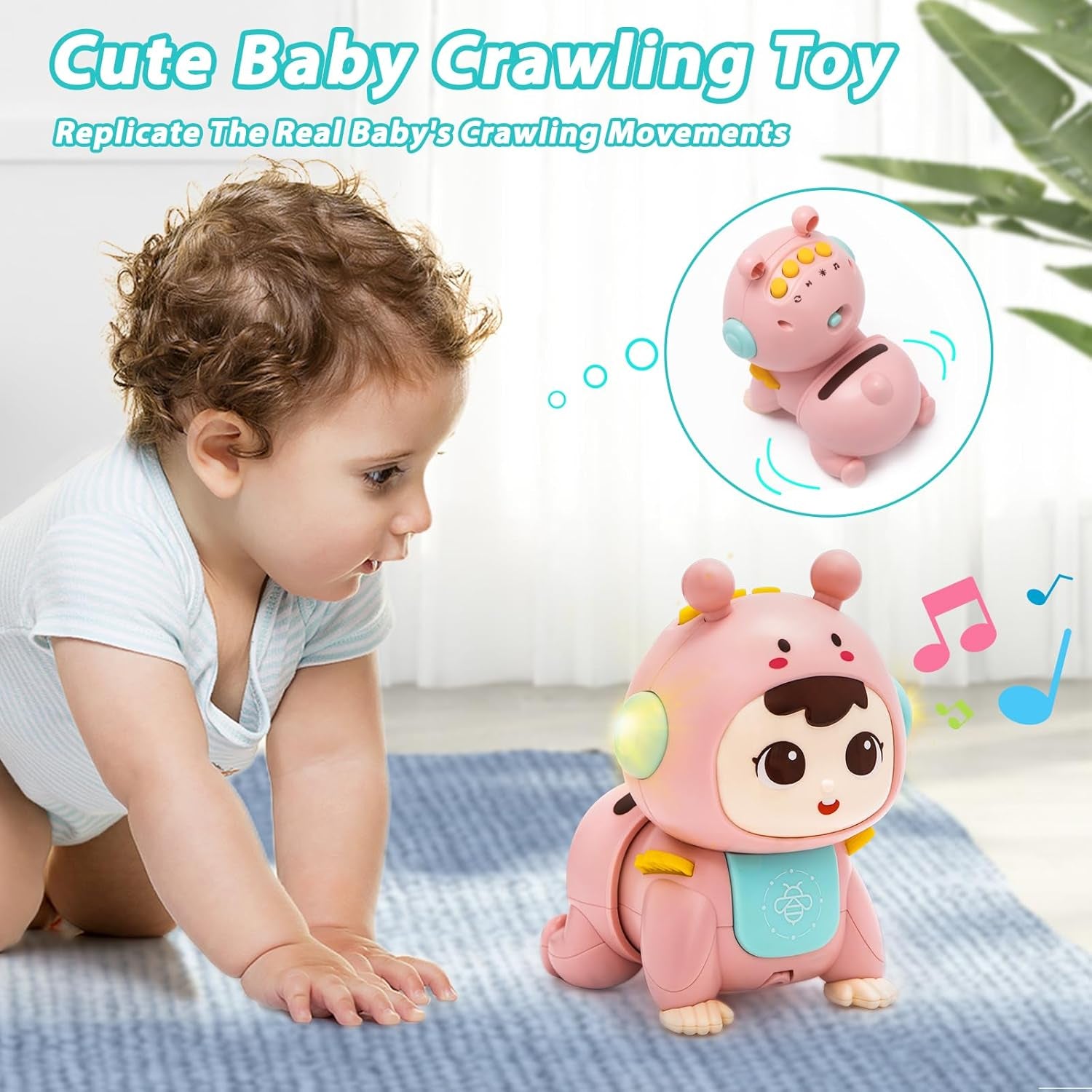 Jouet Bébé 3 6 9 Mois, Jouet Bébé Rampant Avec Musique Et Lumière Jouets Musicaux Sensoriel Eveil Pour Tummy Time Naissance Cadeau Bebe Rose
