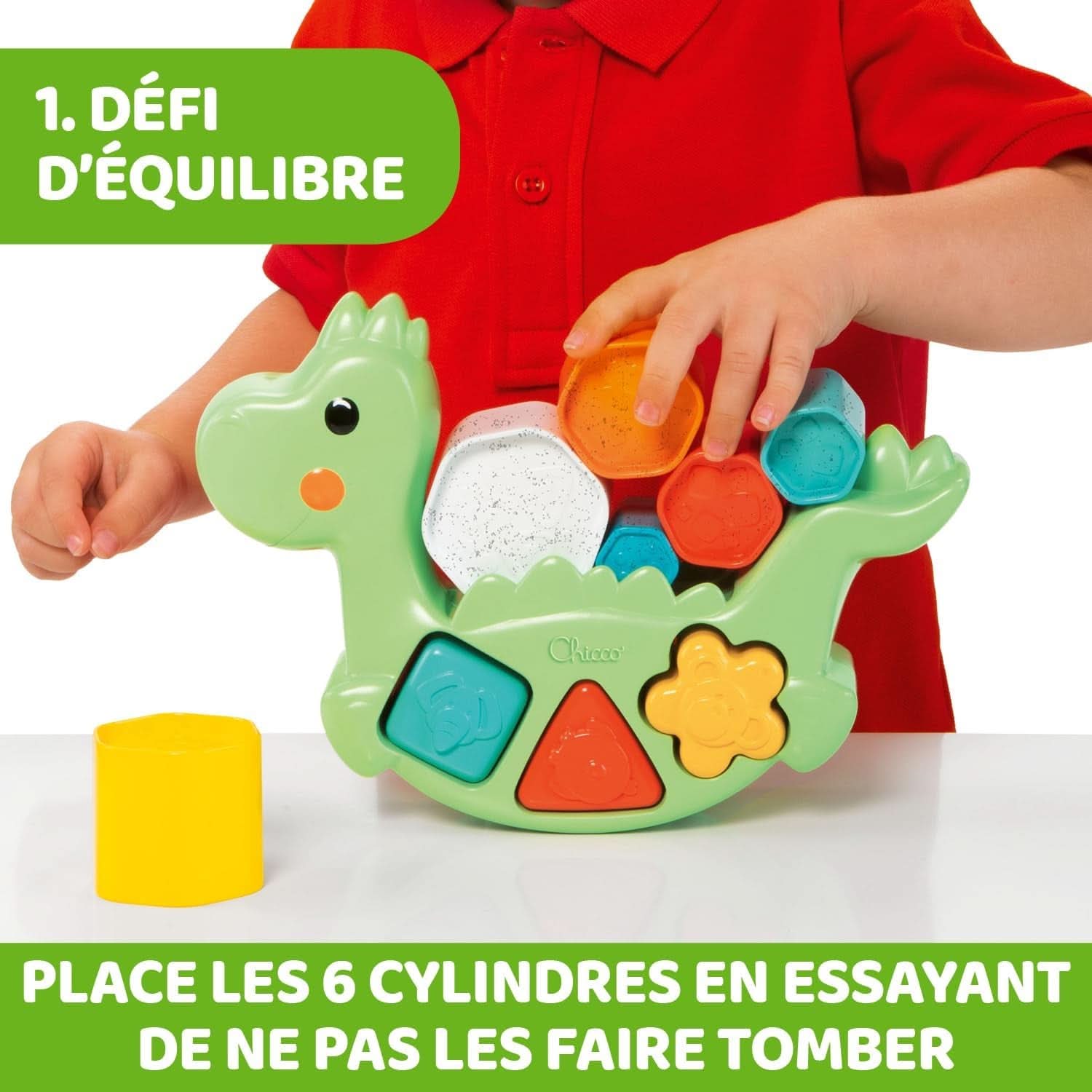Lino Le Dino 2 En 1 ECO +, Jeu D'Équilibre Et De Tri, Dinosaure Avec 6 Cylindres, 3 Formes Et 3 Activités, Fabriqué En Italie À Partir De Plastique Recyclé, Jouet Éducatif De 1 À 4 Ans