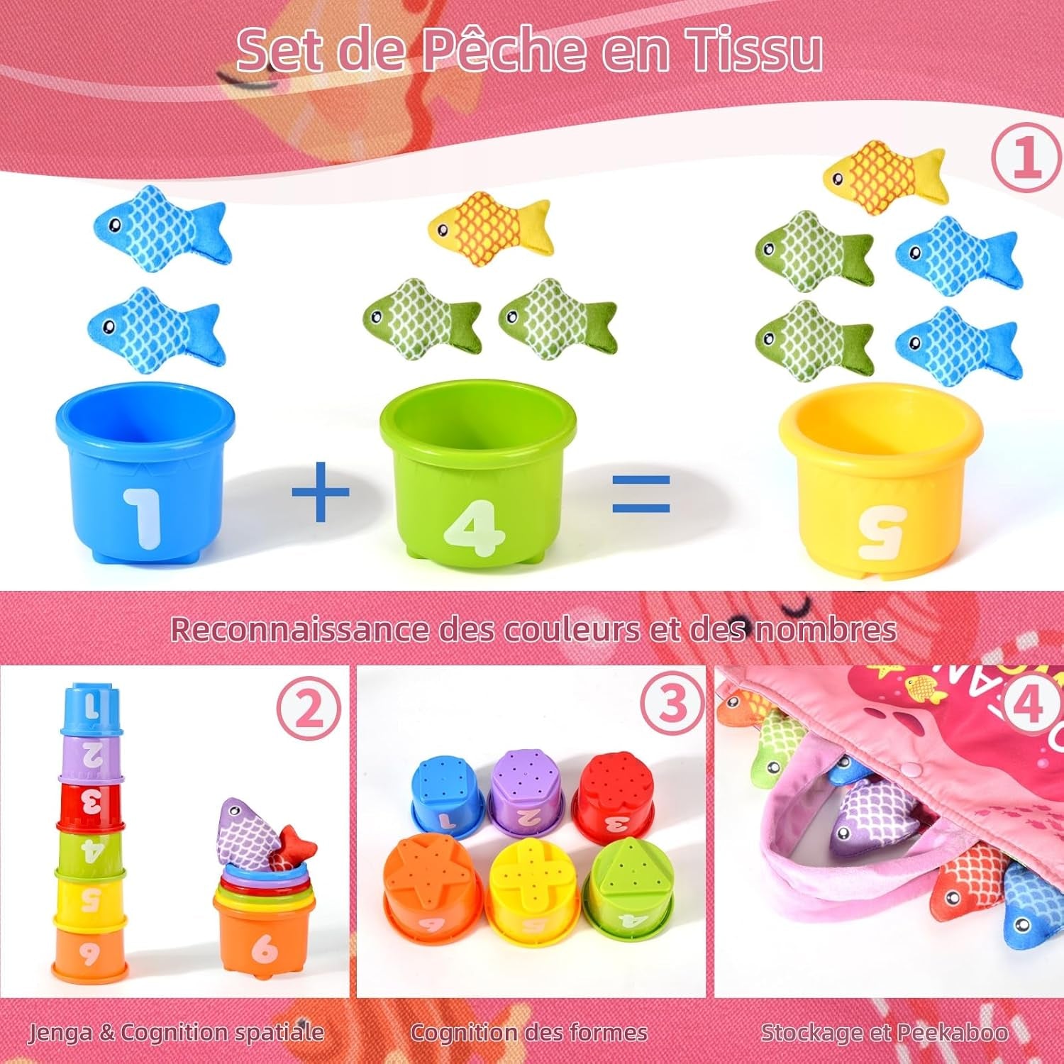 Jouet Fille 1 An, Jeux Montessori Pêche a La Ligne Pour Enfant 6 9 12 18 Mois, Apprendre Les Couleurs Avec Jouets,Fille Garçon Jouet Bebe 6 Mois Pink Cadeau Pour Enfant 1 2 3 Ans