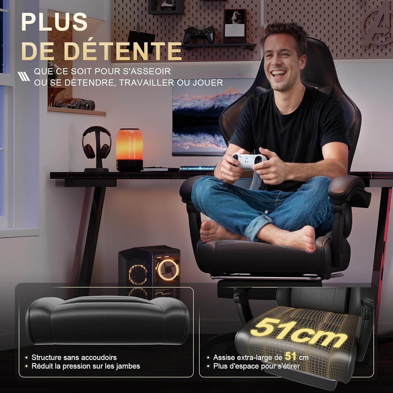 Chaise De Jeu Ergonomique Avec Massage Lombaire, Fauteuil Gaming, Repose-Pieds Rétractable, Dossier Réglable, Confort Quotidien, Gaming Et Bureau, Noir