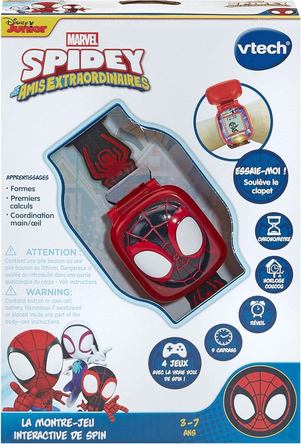 - La Montre-Jeu Interactive De Spin - Montre Enfant Spidey Avec Écran Animé, Bracelet Réglable, 9 Cadrans, 4 Jeux Éducatifs - Jouet Marvel - Cadeau Enfant De 3 Ans À 7 Ans - Contenu En Français
