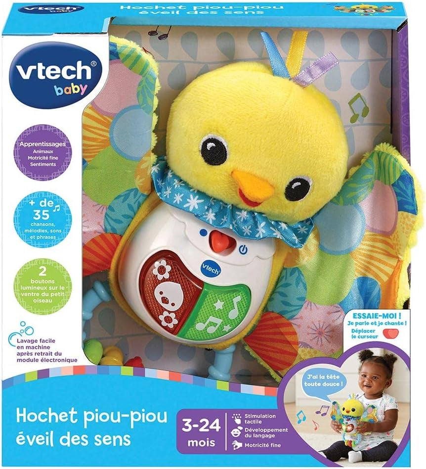 - Hochet PIOU-PIOU Éveil Des Sens, Hochet Bébé Interactif Et Musical, Jouet Sensoriel, Oiseau En Peluche Lavable En Machine, Cadeau De Naissance Bébé Dès 3 Mois - Contenu En Français