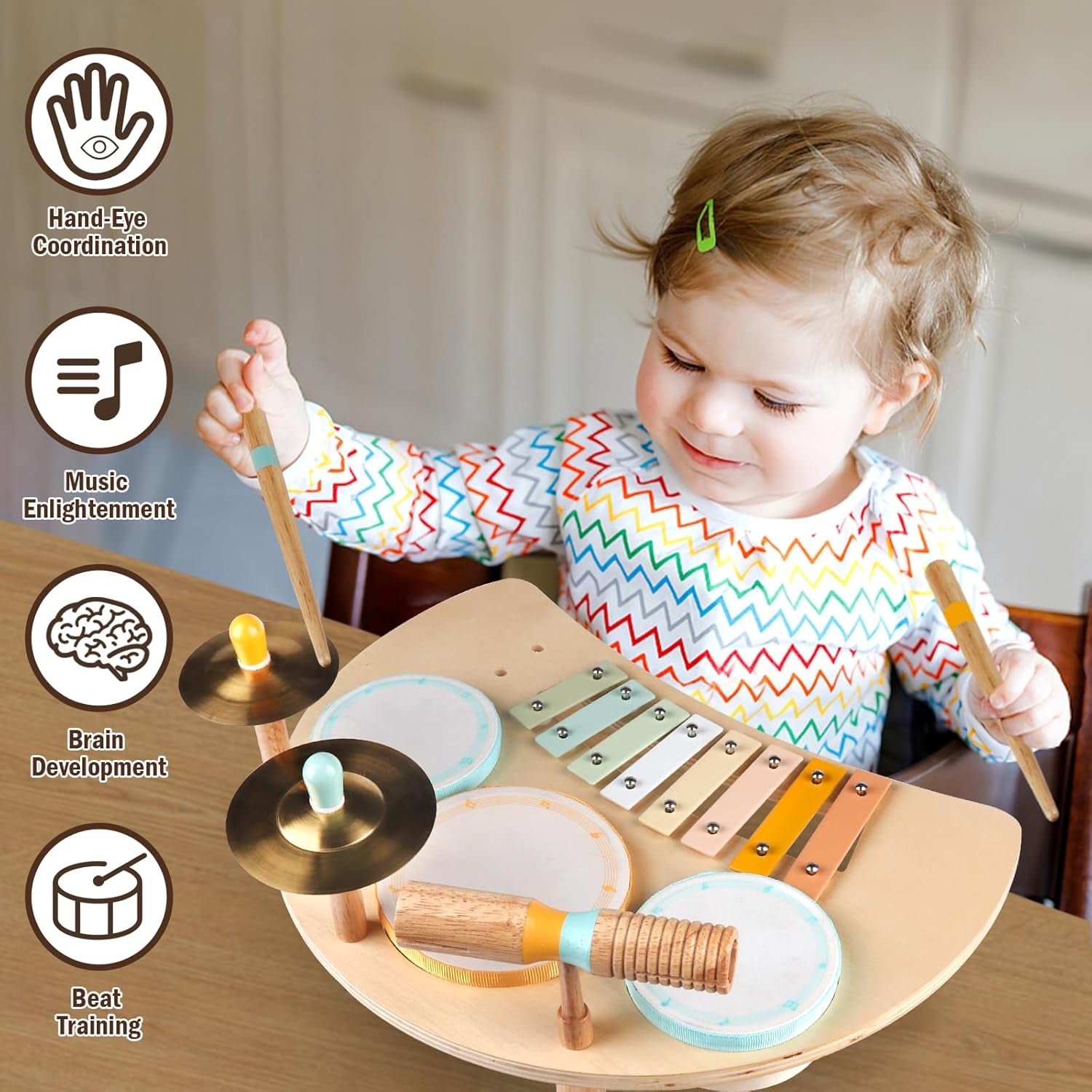 Jeux De Tambours Pour Tout-Petits Pour Garçons Et Filles De 1 An, Tambour Bébé Avec Xylophone Pour Tout-Petits De 1 À 3 Ans, Instruments De Musique, Jouets Montessori En Bois Pour Enfants, Cadeaux De