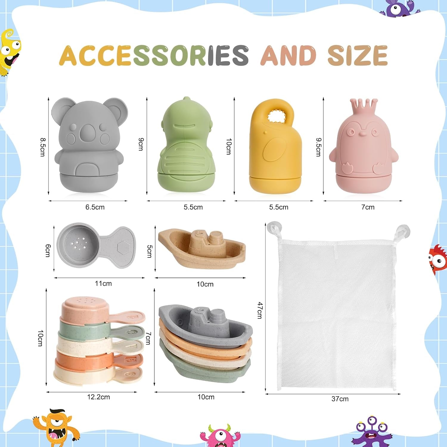 Jouets De Bain Pour Bebe, 15 Pièces Jouet Bain Bébé À Presser Sensoriels Avec Bateaux Empilables Et Cuillère, Silicone Souple Jouet Bain Enfant Jeux Educatif 6 9 12 Mois 1 2 3 Ans