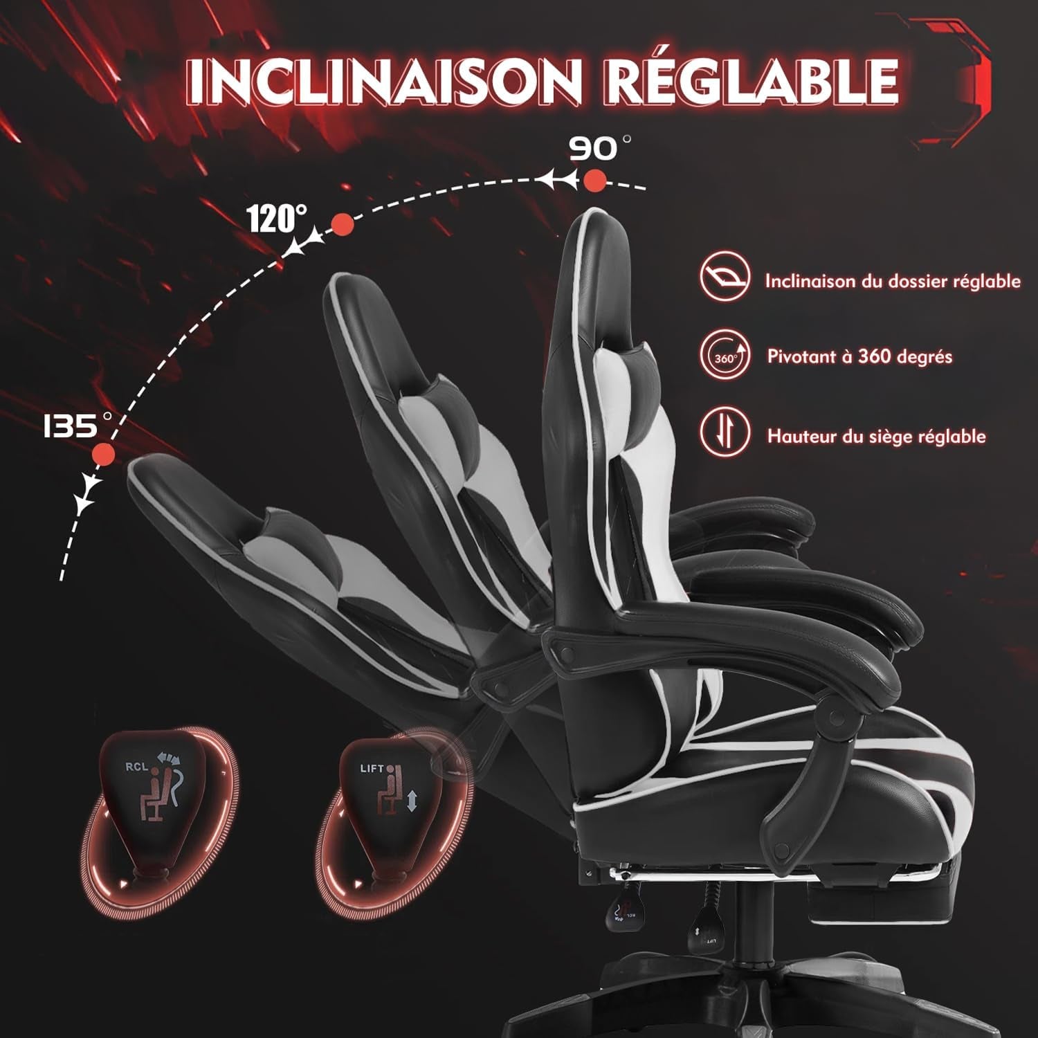 Chaise Gaming, Siège De Bureau Réglable, Fauteuil Gaming Avec Repose-Pieds Télescopique (Noir Et Blanc)
