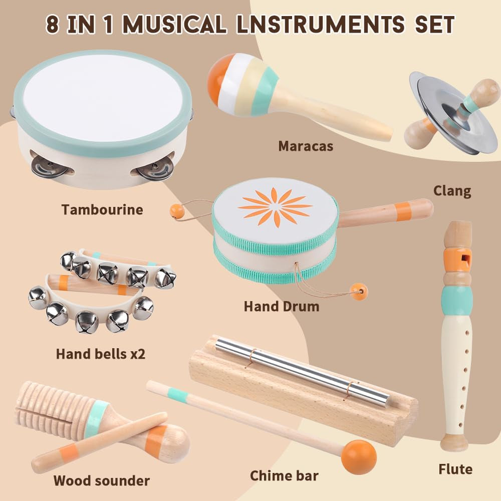 Instruments De Musique Pour Tout-Petits, Jouets Musicaux Montessori Pour Bébés, Instruments Pour Garçons Et Filles De 1 An, Cadeau De Noël Et D'Anniversaire Pour Enfants De 1 À 3 Ans (8 in 1)