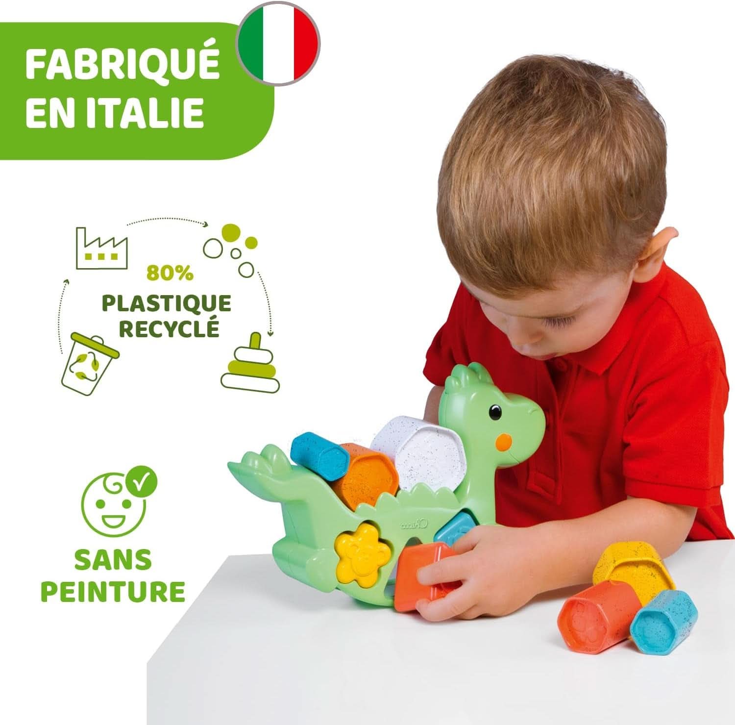 Lino Le Dino 2 En 1 ECO +, Jeu D'Équilibre Et De Tri, Dinosaure Avec 6 Cylindres, 3 Formes Et 3 Activités, Fabriqué En Italie À Partir De Plastique Recyclé, Jouet Éducatif De 1 À 4 Ans