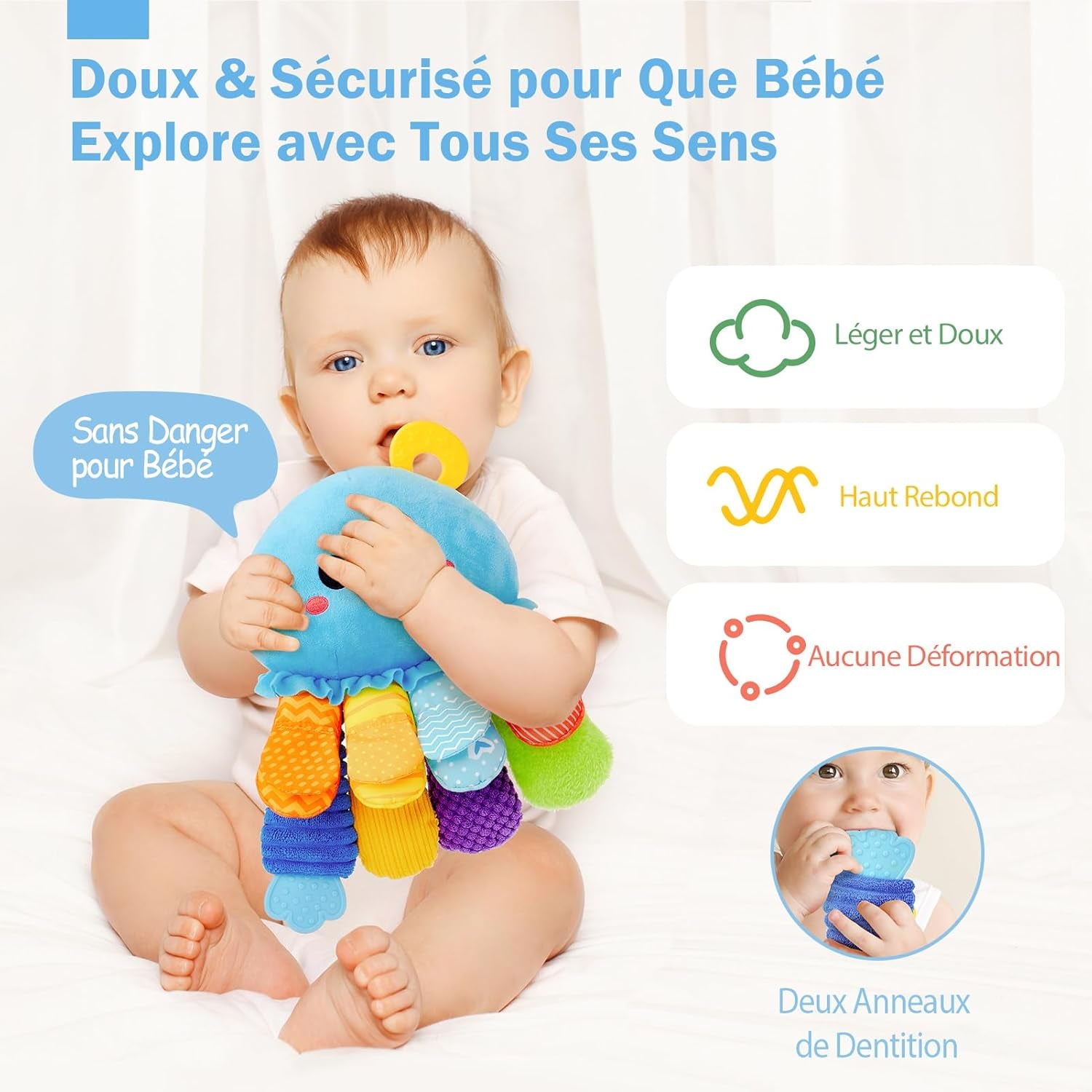 Jouet Bebe 0-3 6 Mois, Pieuvre Jouet Sensoriel Bebe Avec Anneau Dentition Bebe, Miroir, Pouet Couineur, Tummy Time Jeux D Eveil Bebe 0-6 Mois, Cadeau Naissance Fille Garcon