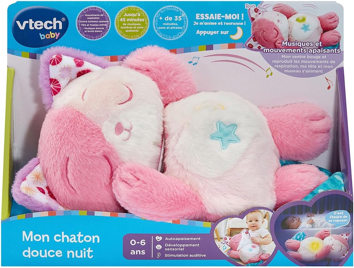 - Mon Chaton Douce Nuit Rose - Peluche Qui Respire Et Ronronne, Veilleuse Bébé Musicale Et Lumineuse - Peluche Respirante - Doudou Bruits Blancs Bébé - Cadeau Nouveau-Né - Contenu En Français