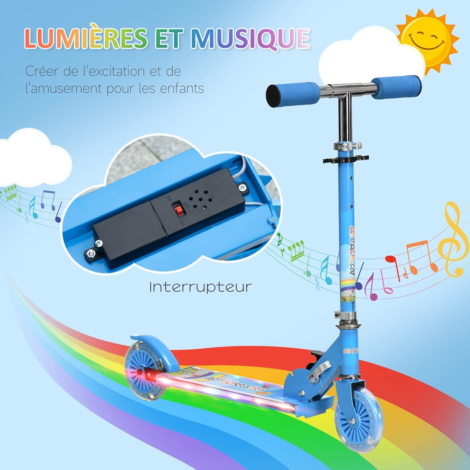 Trottinette Pour Enfants De 3 À 7 Ans, Roues Légères Et Pliables En PU, 12 Lumières LED, Musique, 4 Niveaux De Réglage De La Hauteur Du Guidon, Frein À Friction, Bleu