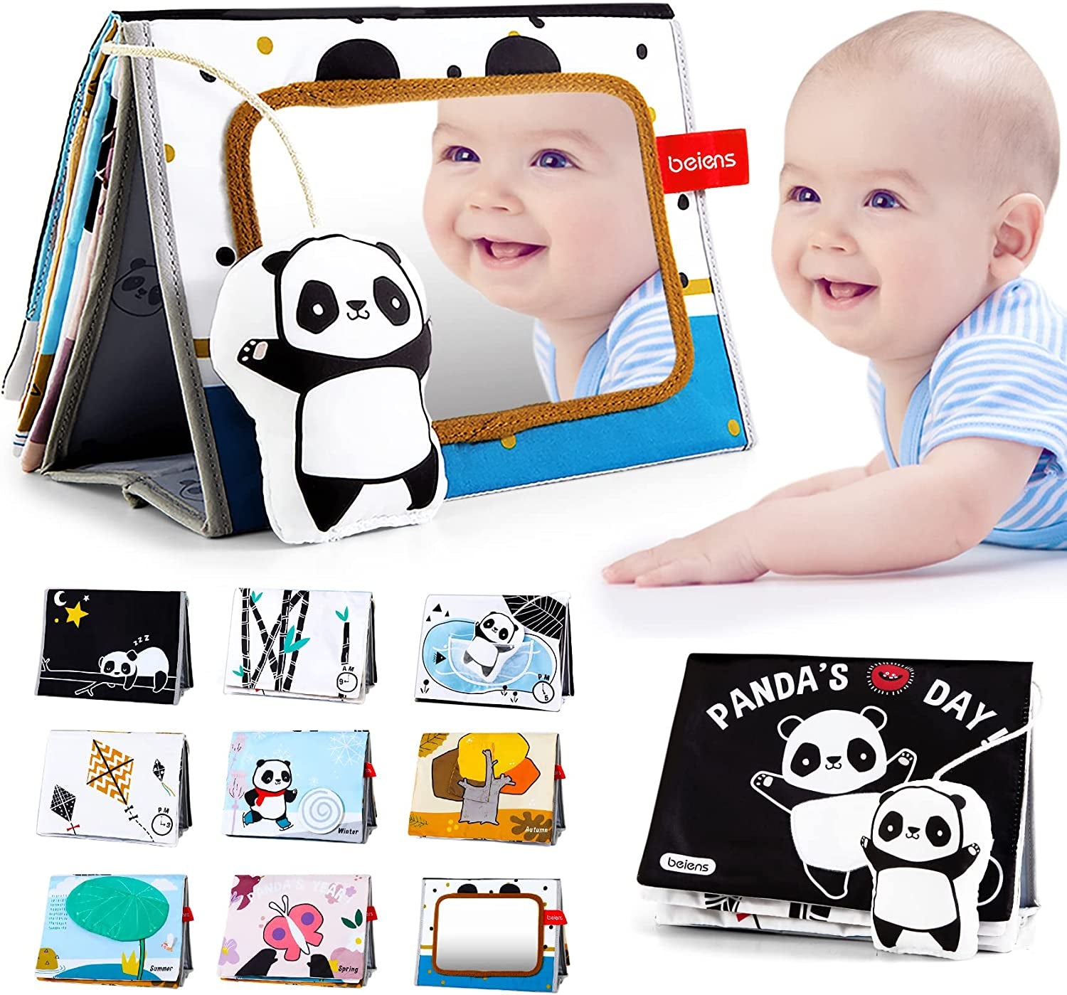 Jouet Bebe 0 3 6 12 Mois,Livre Tissu Bebe Avec Miroir,Noir Et Blanc Livres D'Éveil Doux Froissé Avec Panda,Jeux Bebe Montessori Bebe Eveil 0-6 Mois,Cadeau Bebe Naissance Garcon Fille