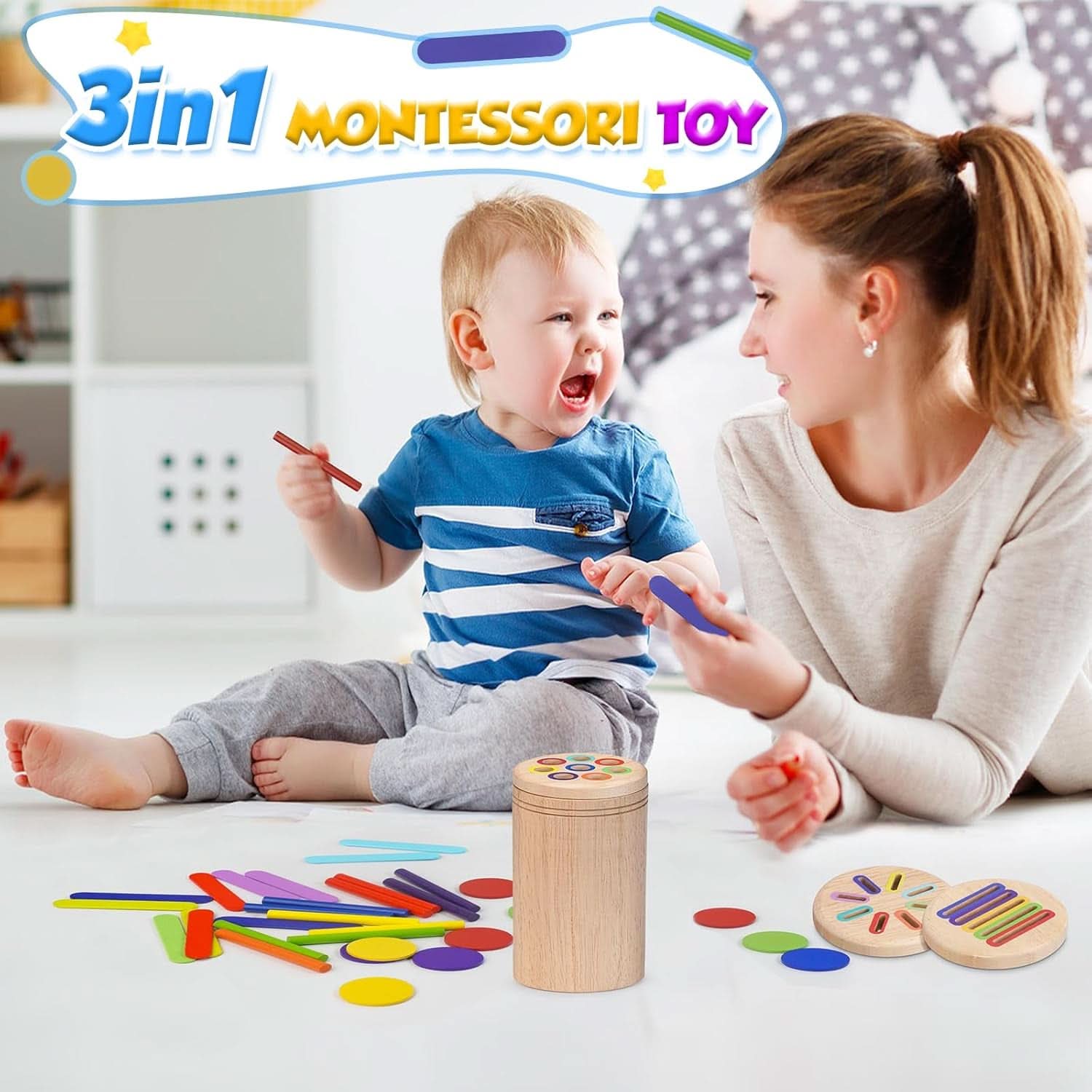 Jeux Montessori 1 2 3 Ans, 3 En 1 Jouet Enfant 1 2 3 Ans, Jouet Bebe 1 2 3 4 Ans, Apprendre Les Couleurs Jeu Educatif 1 2 3 4 Ans Avec Sac De Rangement