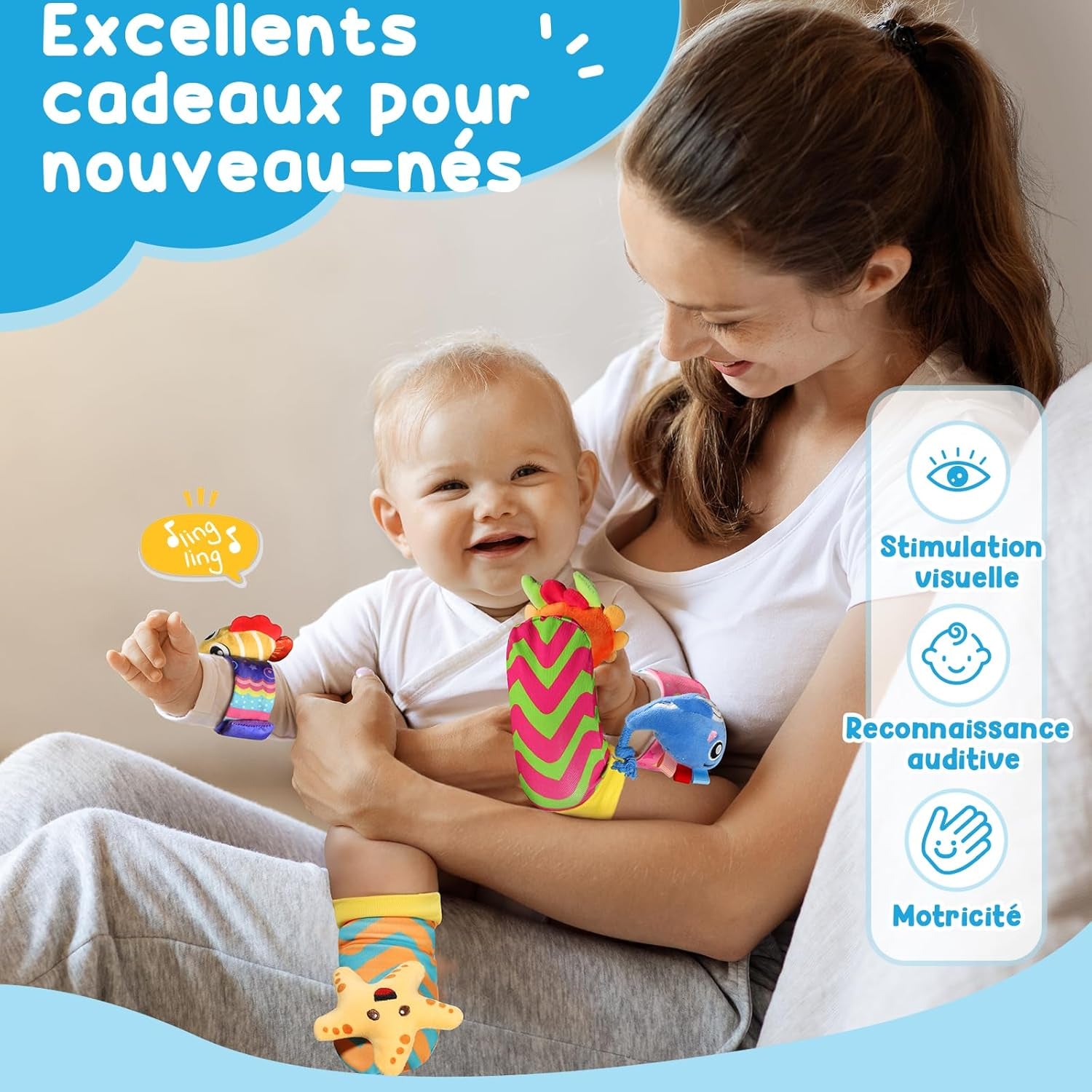 Hochet Bébé 0-3 Mois, 4 Pièces Poignets Et Chaussettes Jouet Et Jeux Éveil Montessori - Stimulation Sensorielle Et Motricité Fine - Cadeau Parfait Pour Bébés 0 3 6 9 Mois (Océan)