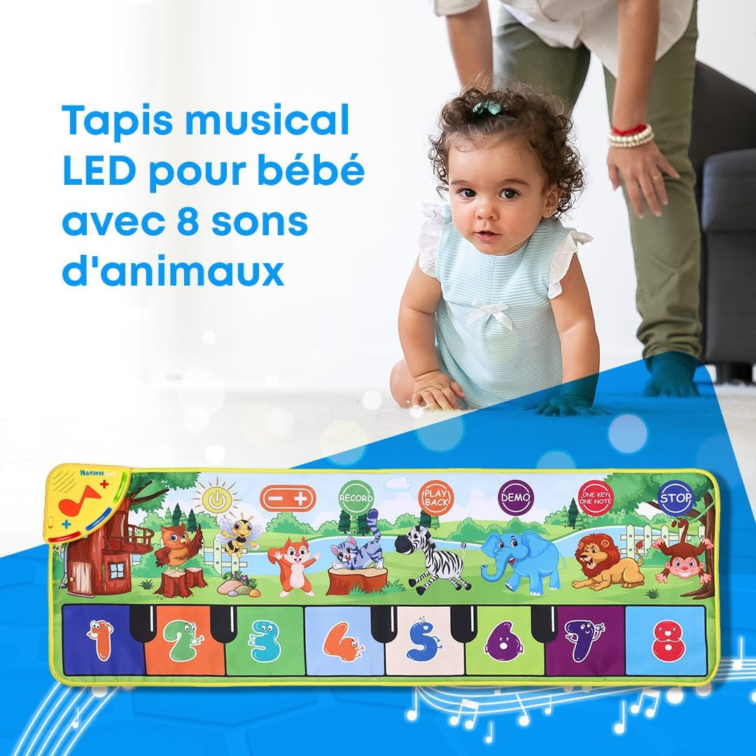 Piano Tapis Musical Bébé Avec 8 Sons D'Animaux LED - Cadeau Enfant 3 4 5 Ans, Jouer Montessori, Idee Jeux De Noël Et D'Anniversaire, Repliable, Fonction Record/Playback (110X36Cm)