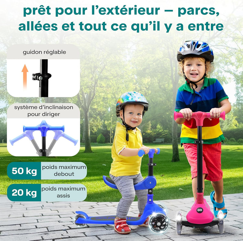 Trottinette Enfant - Trottinette 3 Roues - Patinette Enfant Pliable Avec Hauteur Ajustable - Siège Pliable - Roues LED Lumineuses - Guidon Réglable - Plateau Antidérapant - Scooter Enfant