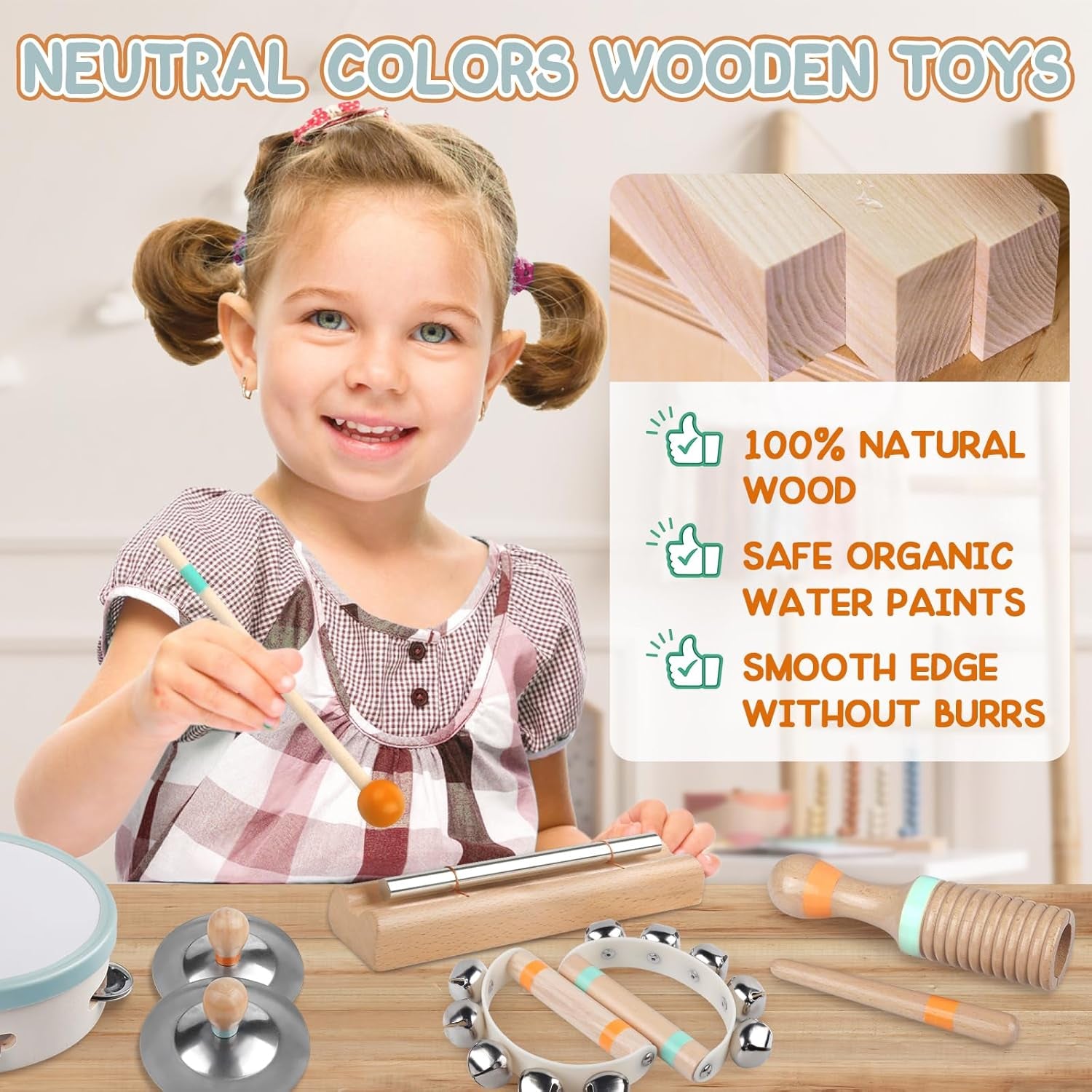 Instruments De Musique Pour Bébés – Jouets Musicaux Montessori Pour Enfants, Ensemble D'Instruments À Percussion En Bois, Jouets Musicaux Aux Couleurs Neutres, Cadeaux Pour Les Tout-Petits (8 in 1)