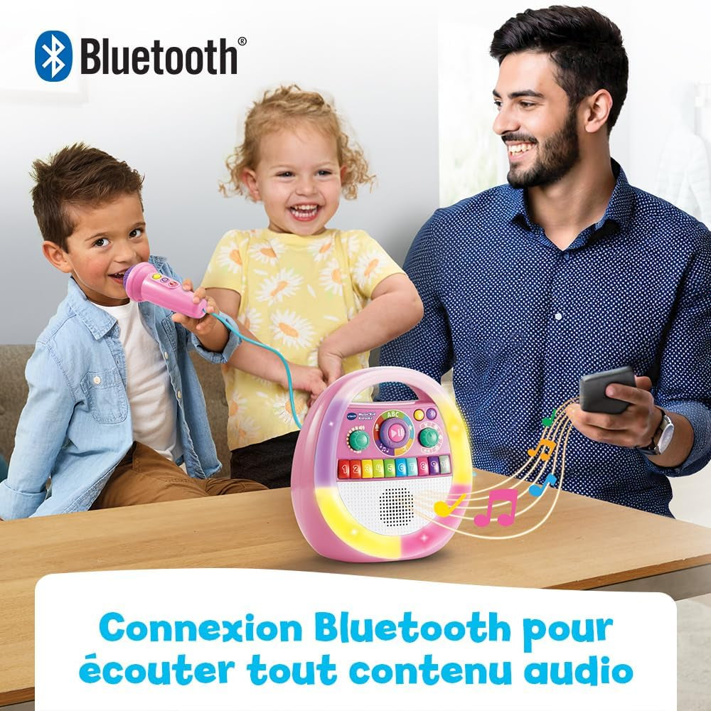 - Music'Kid Karaoké Rose - Enceinte Bluetooth Lumineuse Enfant - Baladeur Musical Avec Micro Karaoké, Comptines Et Chansons, Enregistreur Vocal - Cadeau Enfant Dès 2 Ans - Contenu En Français