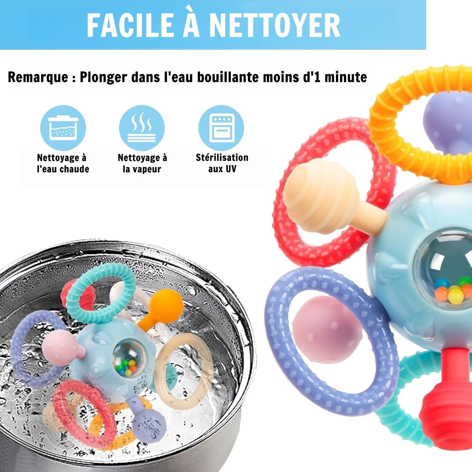 Jouet Dentition Bebe Balle Pour Naissance 0-3 Mois, Jouet Bebe 1 an Jeux Montessori Bebes Eveil 0-6 Mois, Jeux Bebes Hochet Sensorielle 0 3 6 9 12 Mois Filles Garçons (Bleu)